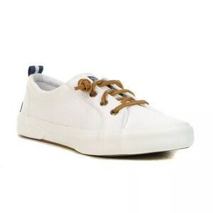 Sperry White Canvas Sneakers with Tan Barrel Leather Laces
